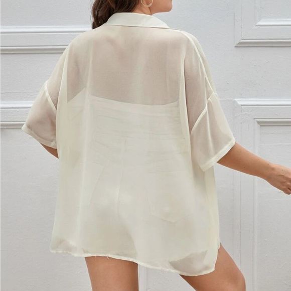 Sheer Short Sleeve Button-Front Drop-Shoulder Shirt NWOT - Picture 2 of 15